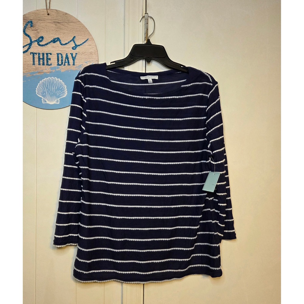 Hillard & Hanson Navy Blue White Striped Pom Pom Trim 3/4 Sleeve Top XL NWT